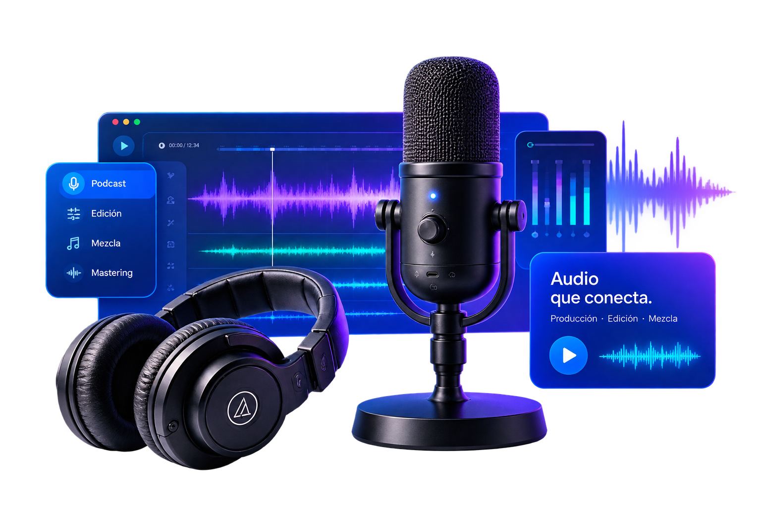 Micrófono, auriculares e interfaz de edición de audio profesional