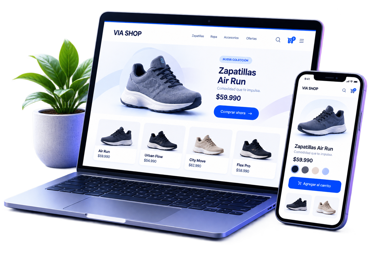 Ecommerce y tienda online responsive mostrada en notebook y teléfono