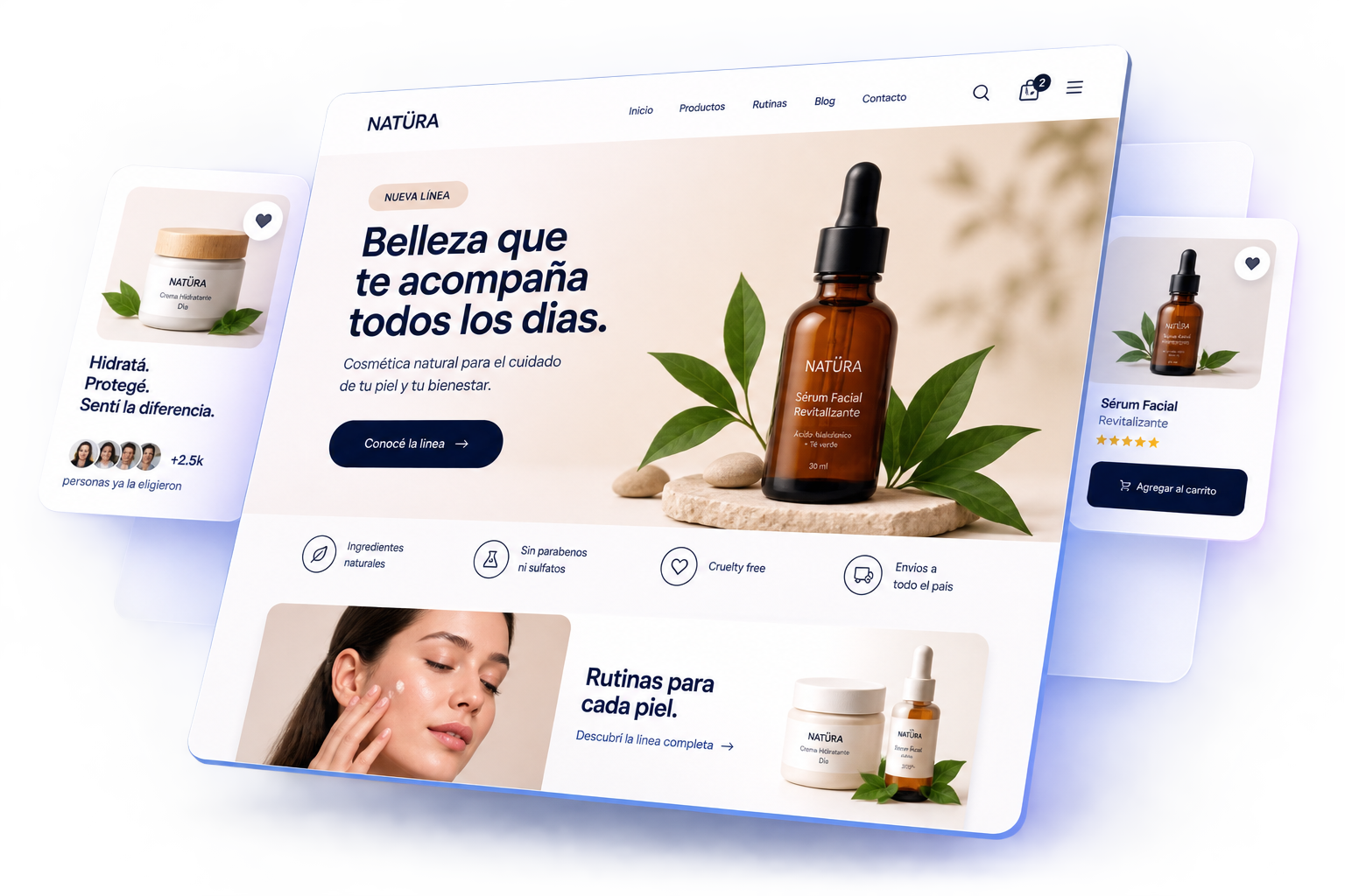 Landing page profesional mostrada como interfaz flotante